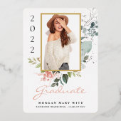 Pastel Roos Eucalyptus Floral Foto Afstuderen Folie Uitnodiging (Voorkant)