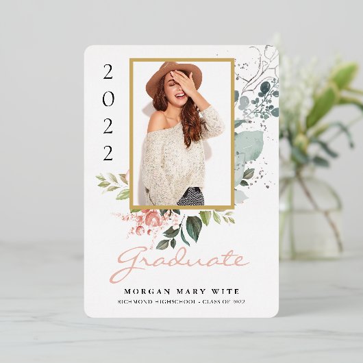 Pastel Roos Eucalyptus Floral Foto Afstuderen Folie Uitnodiging (Staand Voorkant)