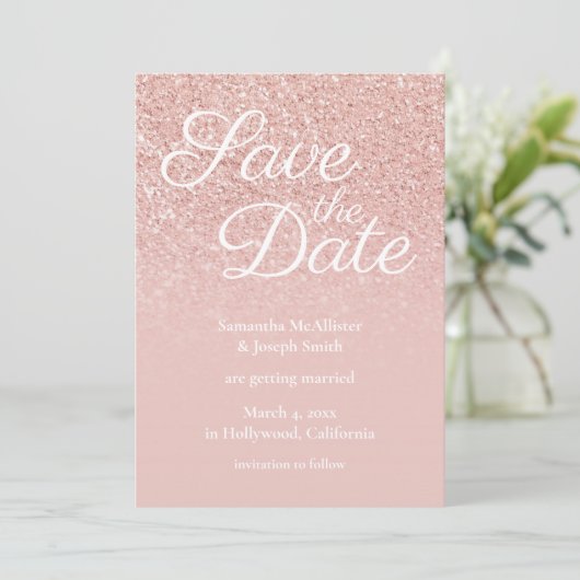 Pastel Roos Gold Blush Ombre Glitter Save the Date Kaart (Staand voorkant)