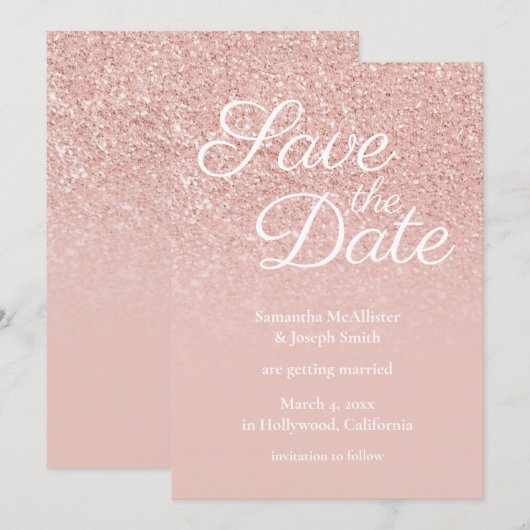 Pastel Roos Gold Blush Ombre Glitter Save the Date Kaart (Voorkant / Achterkant)