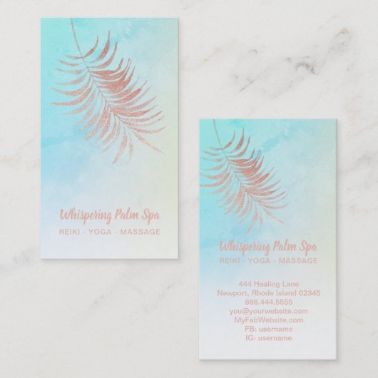 *~* Pastel Roos Gold Palm Leaf Turquoise Ombre Visitekaartje (Voorkant / Achterkant)