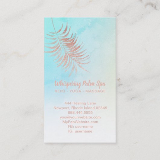 *~* Pastel Roos Gold Palm Leaf Turquoise Ombre Visitekaartje (Achterkant)