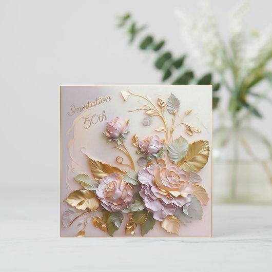 Pastel Rosegold gebeeldhouwde Rozen 50th Save The Date (Staand voorkant)