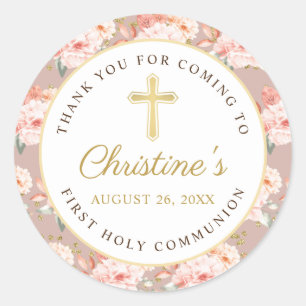 Pastel Rosy Floral Gold Cross Eerste Heilige Commu Ronde Sticker
