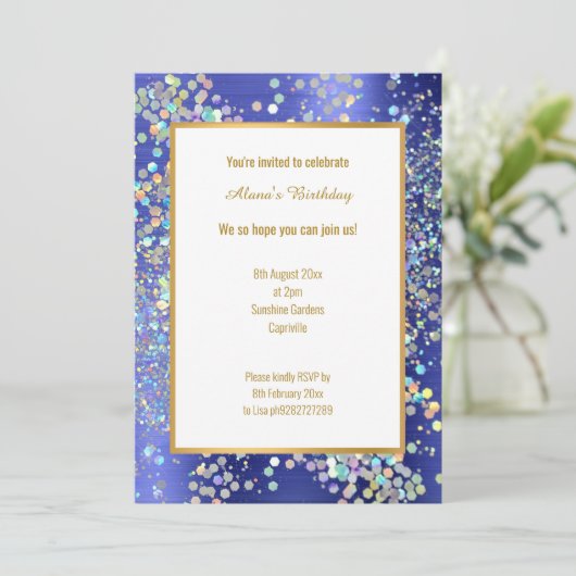 PASTEL ROYAL BLUE TEXTURED HOLOGRAPHIC INVITATION KAART (Staand voorkant)