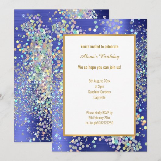 PASTEL ROYAL BLUE TEXTURED HOLOGRAPHIC INVITATION KAART (Voorkant / Achterkant)