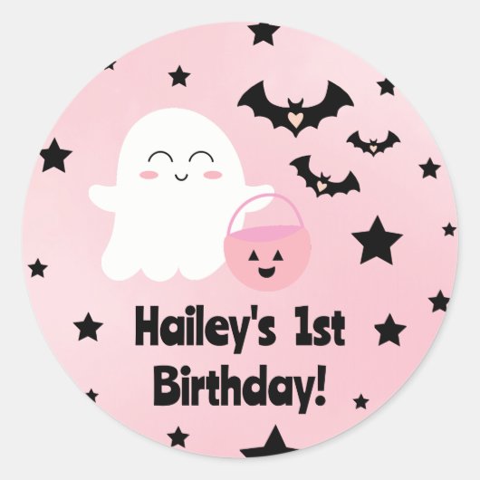 Pastel Roze 1e Verjaardag Halloween Ronde Sticker (Voorkant)