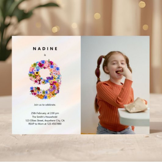 Pastel Roze 9e Verjaardag Bloemen Uitnodiging Foto