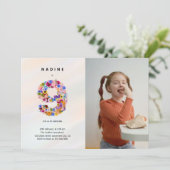 Pastel Roze 9e Verjaardag Bloemen Uitnodiging Foto (Staand voorkant)