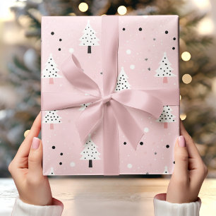 Pastel Roze Achtergrond met Witte Kerstboom Cadeaupapier