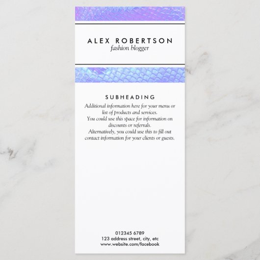 Pastel roze, aqua en lila zeemeerminschaal menu (Achterkant)