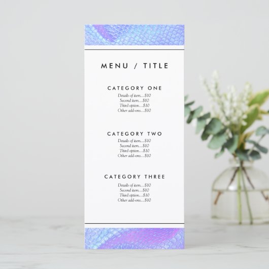 Pastel roze, aqua en lila zeemeerminschaal menu (Staand voorkant)