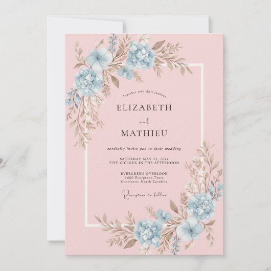 Pastel Roze Azure Ranunculus Eucalyptus Bruiloft Kaart (Voorkant)