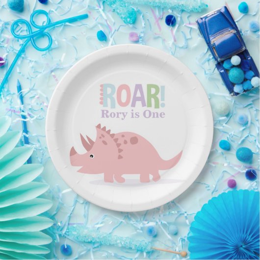 Pastel Roze Baby Dinosaurussen Roar Verjaardagsfee Papieren Bordje (Feest)