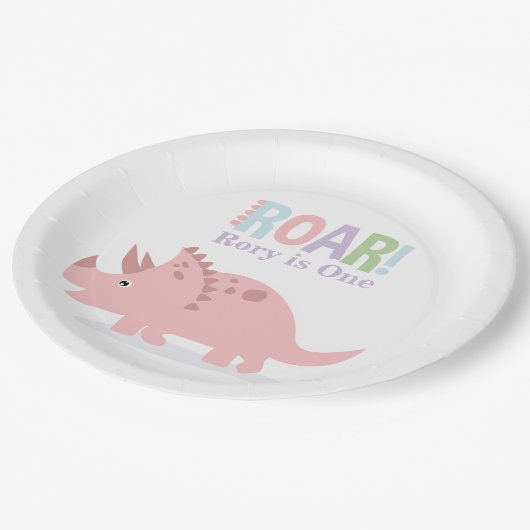 Pastel Roze Baby Dinosaurussen Roar Verjaardagsfee Papieren Bordje (Gekanteld)