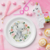Pastel Roze Baby Olifant Bloemen Papieren Bordje (Feest)