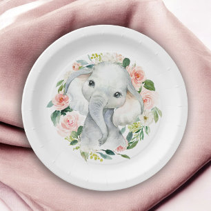 Pastel Roze Baby Olifant Bloemen Papieren Bordje