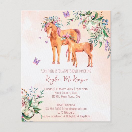 Pastel roze baby paard budget baby shower invitati (Voorkant)