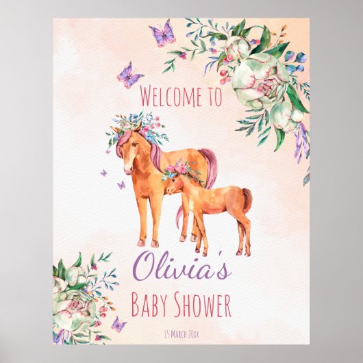 Pastel roze baby paard met moederbaby shower poster (Voorkant)