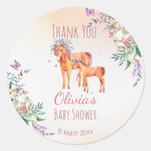 Pastel roze baby paard met moederbaby shower ronde sticker