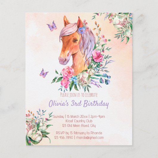 Pastel roze baby paardenbudget verjaardaguitnodigi (Voorkant)