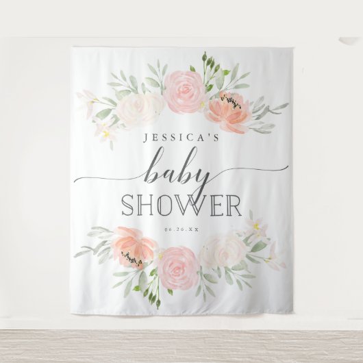 Pastel Roze Baby Shower Achtergrond Foto Booth Wandkleed (Voorkant)