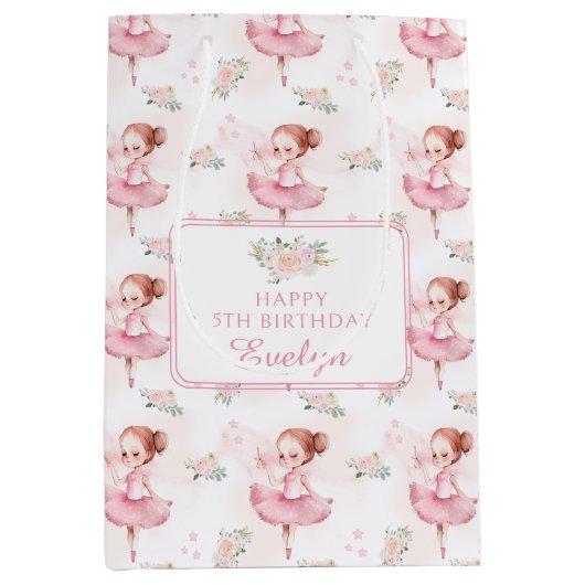 Pastel roze ballerina verjaardagspapier geschenkza medium cadeauzakje (Voorkant)