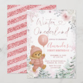 Pastel Roze Beer Ballon Winter Onederland Kaart (Voorkant / Achterkant)