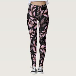 Pastel Roze Bladeren op Zwart  Leggings