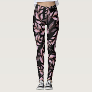 Pastel Roze Bladeren op Zwart  Leggings