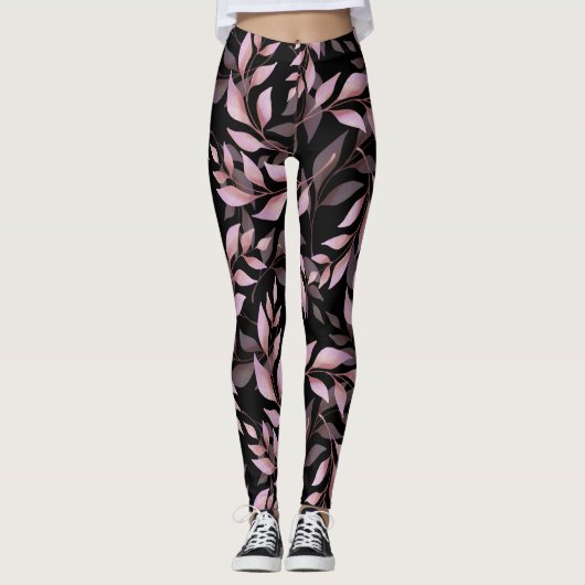 Pastel Roze Bladeren op Zwart Leggings (Voorkant)