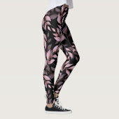 Pastel Roze Bladeren op Zwart Leggings (Rechts)