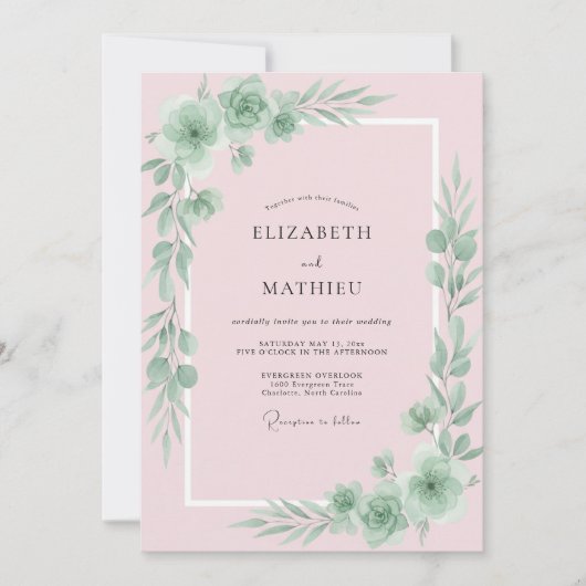 Pastel Roze Bladrijke Bruiloft Kaart (Voorkant)