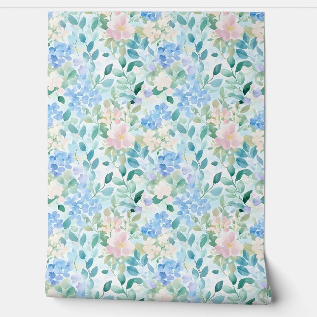 Pastel roze blauw bloempatroon behang (Afrollen)