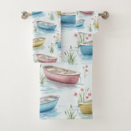 PASTEL ROZE BLAUW GELE ROEIBOOTJES OP HET WATER BAD HANDDOEK