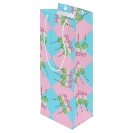 Pastel Roze Blauw Geruit Dango Fles Gift Bag Wijn Cadeautas (Achterkant Gekanteld)