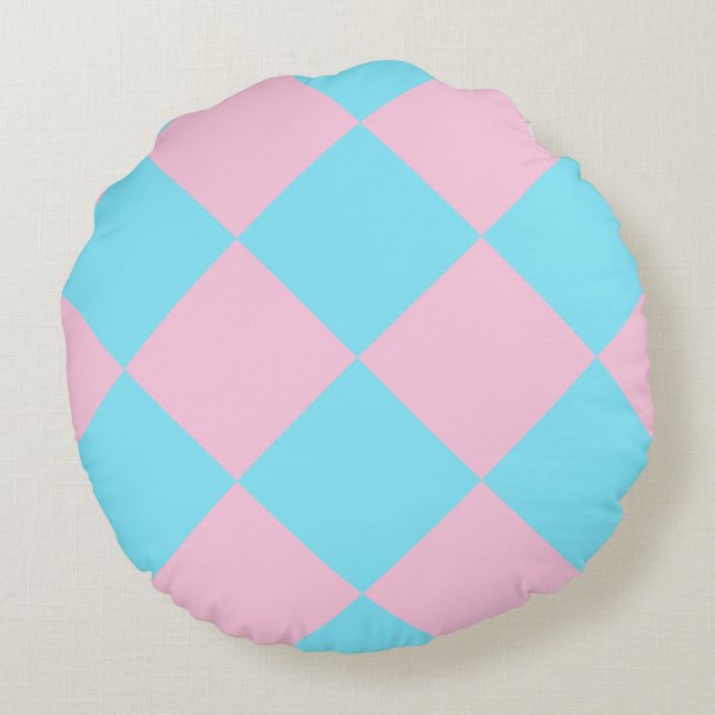 Pastel Roze Blauw Geruit Dango Ronde Kussen (Achterkant)