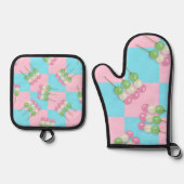 Pastel Roze Blauw Geruite Dango Ovenwant & Pannenlap Set (Voorkant)