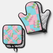 Pastel Roze Blauw Geruite Dango Ovenwant & Pannenlap Set (Voorkant / Achterkant)