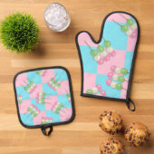 Pastel Roze Blauw Geruite Dango Ovenwant & Pannenlap Set (Top down)