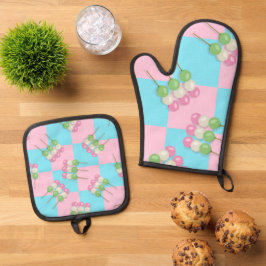 Pastel Roze Blauw Geruite Dango Ovenwant & Pannenlap Set