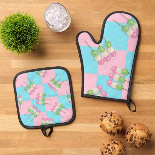 Pastel Roze Blauw Geruite Dango Ovenwant & Pannenlap Set (Top down)