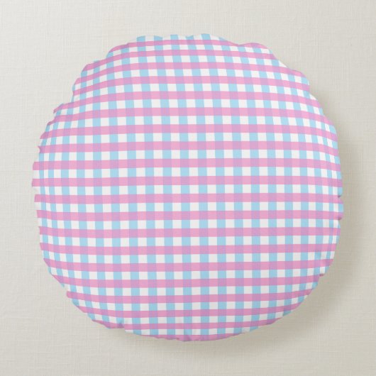 Pastel Roze Blauw Gingham Plaid Rond Kussen (Voorkant)