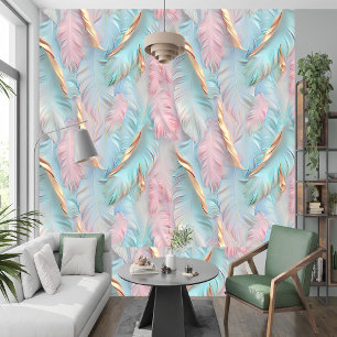 Pastel Roze Blauw Gouden Tropische bladeren Behang