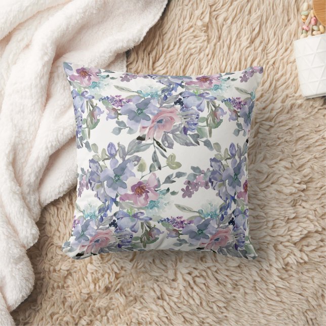 Pastel Roze Blauw Paarse Bloemen Wit Kussen (Deken)