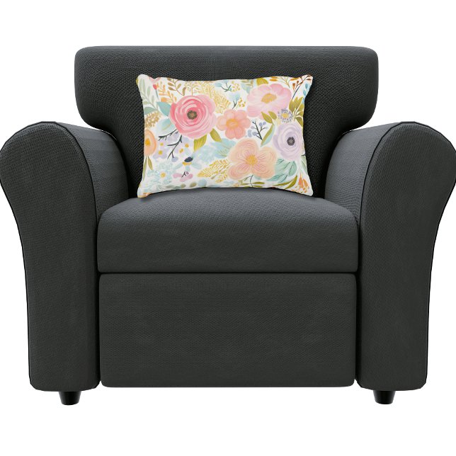 Pastel Roze Blauw Waterverf Bloemen Botanisch Accent Kussen (Watercolor Pastels Pink Blue Green Gold Brown Floral Botanical lumbar pillow. Bedroom pillow)