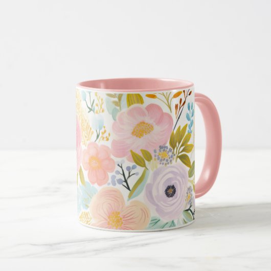 Pastel Roze Blauw Waterverf Bloemen Botanisch Mok (Voorkant rechts)