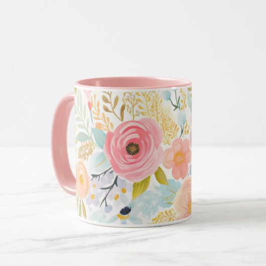 Pastel Roze Blauw Waterverf Bloemen Botanisch Mok (Voorkant links)