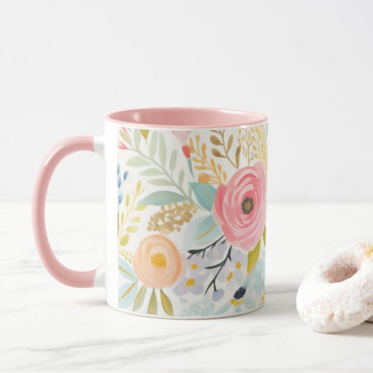 Pastel Roze Blauw Waterverf Bloemen Botanisch Mok (Met donut)