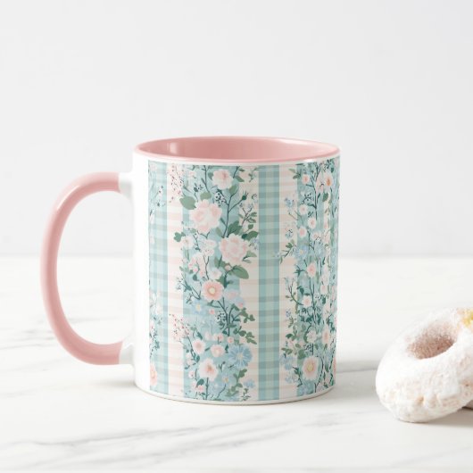 Pastel Roze Blauwe Aquarel Bloemen Gingham  Mok (Met donut)